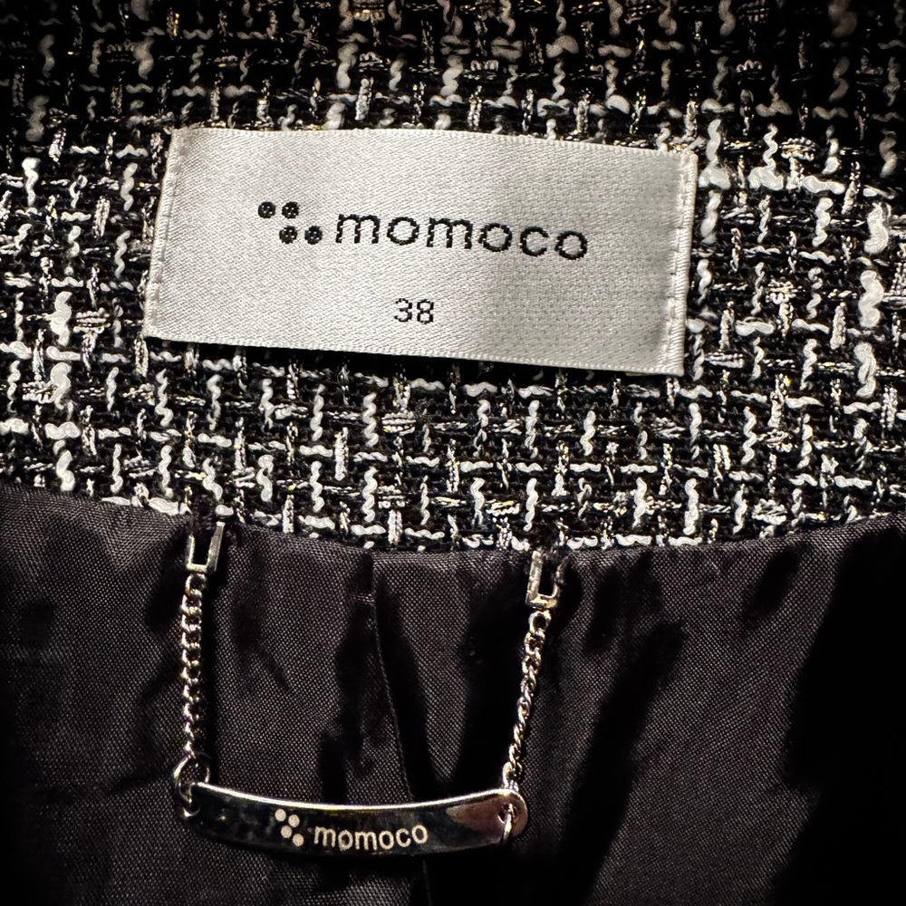 Momoco Black White Tweed Check Long Overcoat Fringe Pearl Buttons Size 38 - Picture 11 of 11